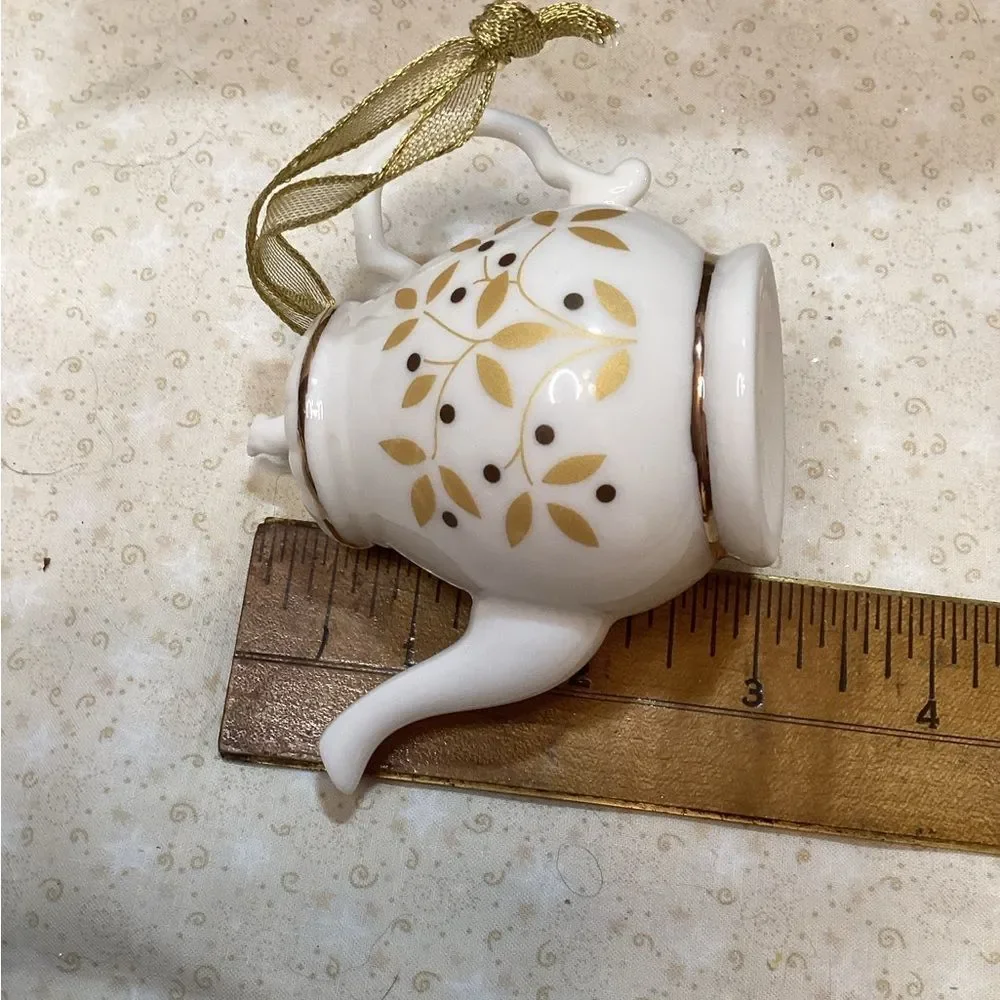 Mini Teapot Ornament Set 5 Porcelain Hanging Teapots Cream with Gold Trim
